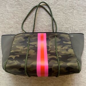 Haute Shore Camouflage Tote Bag with Pink Stripe